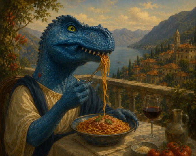 A blue dinosaur in Renaissance-era attire enjoys a bowl of pasta with wine on a terrace overlooking an Italian coastal village at sunset, whimsically evoking the post's playful depiction of a leisurely Sunday dinner in Italy with strategic plans unfolding.
