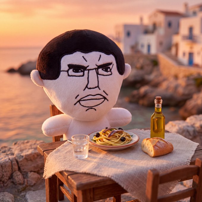 A plush doll of a stern-looking man with glasses sits at a seaside table set with pasta, bread, olive oil, and water against a Mediterranean sunset backdrop.