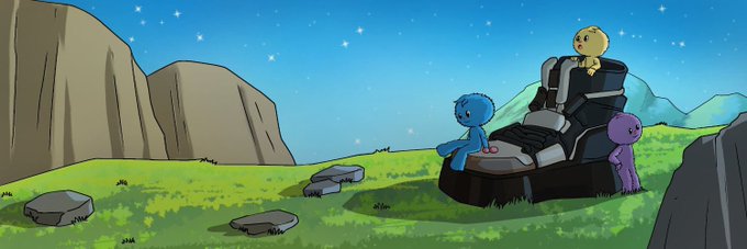 urns of gold and purple sit atop a green hill, with two blue-eyed creatures gazing at the scene below.
