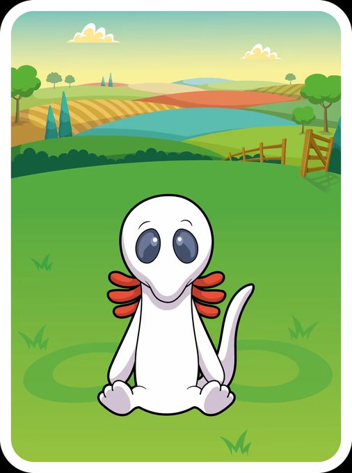 A cute white cartoon creature with red gills and large eyes sits in a green countryside landscape. The image illustrates the "GM" post featuring Olm from VeeFriends Series Two, depicting him as a calm, grounded character embodying his role as a champion of truth and integrity.