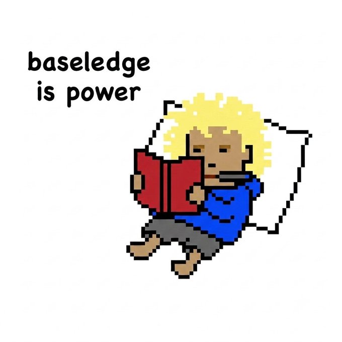 A pixel art illustration of a blonde character reading a red book with the text 'baseledge is power'.