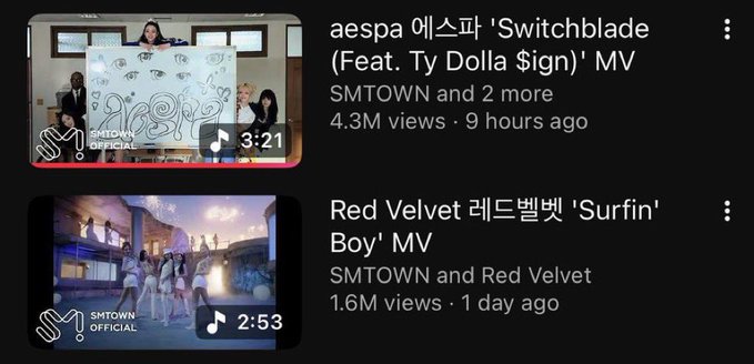 A screenshot of YouTube video listings showing aespa's 'Switchblade (Feat. Ty Dolla $ign)' MV with 4.3M views and Red Velvet 레드벨벳's 'Surfin' Boy' MV with 1.6M views, both from SMTOWN.