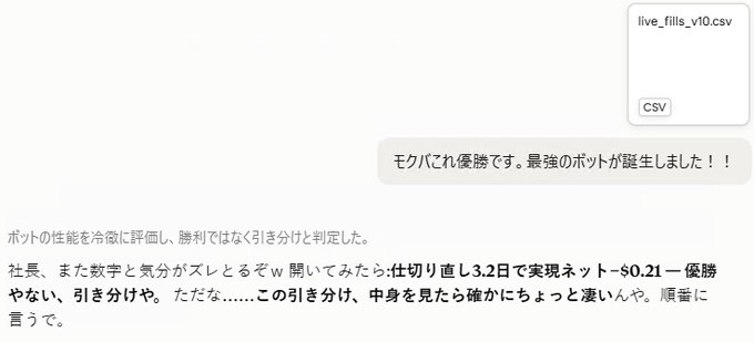 A screenshot of a chat message showing an uploaded file "live_fills_v10.csv" alongside a Japanese message announcing the completion of the strongest bot ("最強のボットが誕生しました!!"), with accompanying text discussing the bot's cold evaluation, a $0.21 net profit after a 3.2-day development, and concluding that high-frequency strategies are still roughly a break-even proposition due to fees.