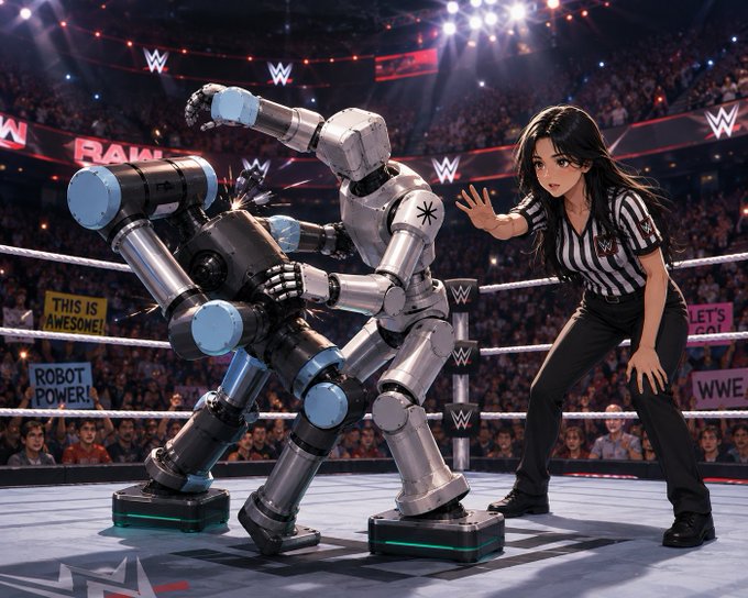 A digital illustration depicting a wrestling match inside a WWE ring between two humanoid robots, refereed by a woman in a striped shirt, with audience signs reading 'THIS IS AWESOME!' and 'ROBOT POWER!'.