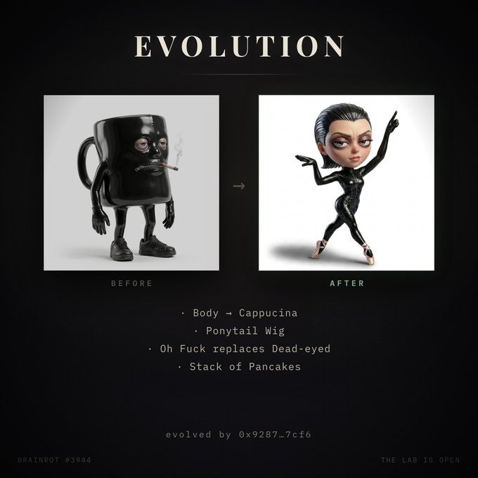An 'Evolution' meme showing a black mug-like character with a cigarette transforming into a stylized figure with a ponytail wig, captioned 'evolved by 0x9287_7cf6' and labeled 'BRAINROT #3944'.