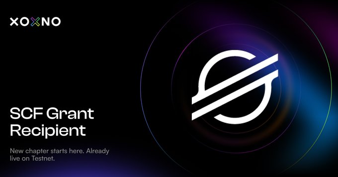 The image features a black background with a white logo that reads "XOXNO" at the top, followed by the words "SCF Grant Receipt" below it. The text also mentions that there's a new chapter starting soon, which is related to the XOXNO network and the community.