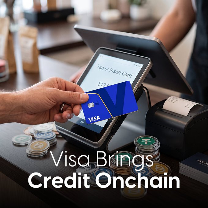 Promotional image reading 'Visa Brings Credit Onchain' showing a hand swiping a blue Visa card at a payment terminal surrounded by cryptocurrency tokens.