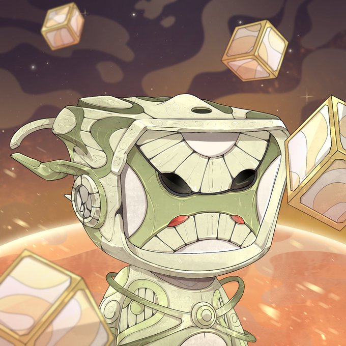A robotic, planet-sized chibi-style character with a mechanical face and antennae floats against a cosmic, fiery backdrop scattered with floating golden cubes, matching the post's description of mysterious, treasure-bearing Celestial blokyz from a forgotten era.