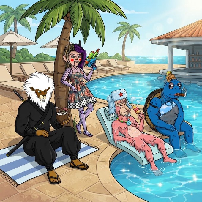An anime-style illustration depicts several characters relaxing by a pool at a tropical resort, including a white-haired swordsman, a purple-haired girl with a water gun, a sunburned man eating a popsicle, and a blue-skinned figure.