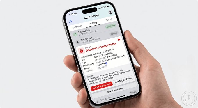 A hand holding a smartphone displaying the Aura Wallet app, showing a transaction with a red 'DISPUTED / FUNDS FROZEN' status and details including 9.50 ETH transferred to a Unidentified Transfer.