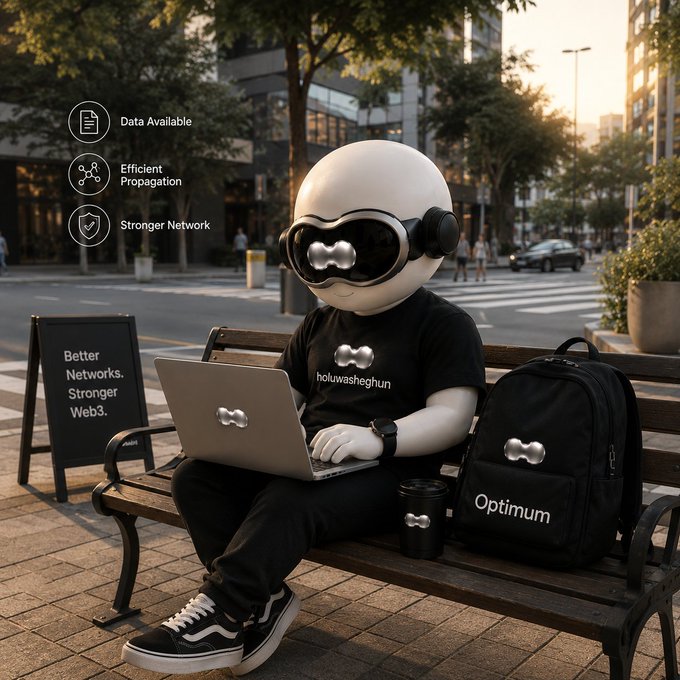 A white humanoid robot wearing VR goggles and a 'holuwashghun' t-shirt sits on a city bench using a laptop, accompanied by an 'Optimum' branded backpack and a 'Better Networks. Stronger Web3.' sign.