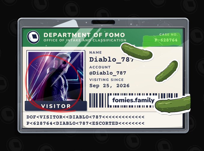 Another 'Department of Fomo' visitor badge (Case No. P-628764) for 'Diablo_787', showing a photo of the character Vergil from Devil May Cry circled in red, decorated with three pickle stickers.