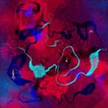 An abstract, blurry, and heavily distorted image featuring swirling dark red and purple tones with some faint blue-green outlines.