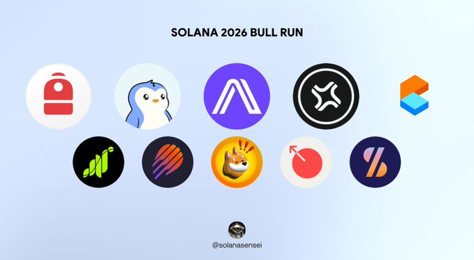 This image displays the logos of various Solana tokens, hinted to be for a "SOLANA 2026 BULL RUN." The accompanying post asks for users' top 5 picks from a list that includes $JITO, $ARX, $BONK, $CARDS, $JUP, $PENGU, $BP, $MET, $META, $GRASS, and $SLX.