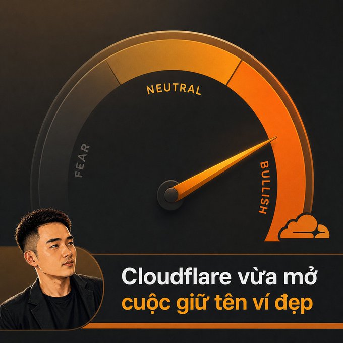 A Vietnamese YouTube thumbnail showing a 'FEAR-NEUTRAL-BULLISH' sentiment gauge pointing to Bullish, with a man's photo and text 'Cloudflare vừa mở cuộc giữ tên vì đẹp'.