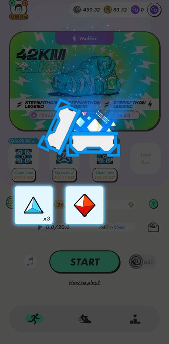 A STEPN game interface shows a Walker sneaker with '42KM' distance, a loot box opening animation, and stats including 450.32 GMT and 83.32 GST.