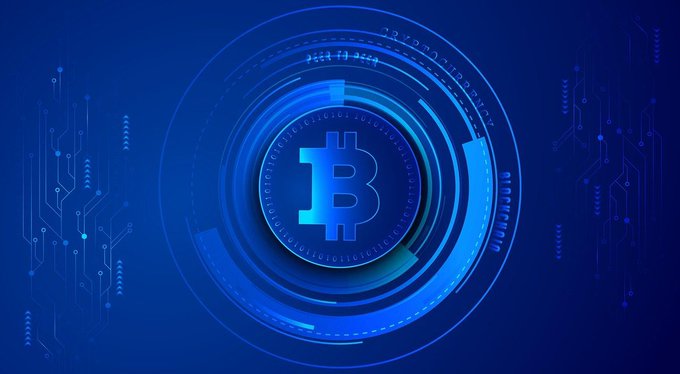 A digital illustration of a Bitcoin symbol surrounded by glowing blue circular tech graphics and circuit board patterns.