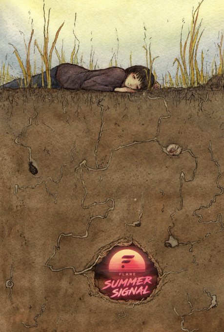 An illustration shows a person sleeping on the grass above ground, with roots extending underground to small creatures and a glowing light labeled "FLARE SUMMER SIGNAL."