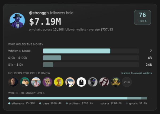 A dashboard showing that @strongg's followers hold $7.19M across 15,368 wallets, with breakdowns by holder tier and blockchain network.