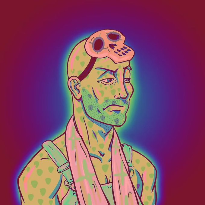A stylized digital illustration features a shirtless man with green-spotted skin, a skull perched on his head, and a pink towel draped over his shoulder, set against a glowing purple-blue background. The image relates to an OpenSea NFT collection promotion, visually representing a unique crypto-art character with no readable text in the image itself.