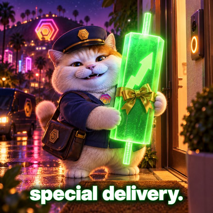 A digital illustration of a smiling cat dressed as a delivery driver, holding a glowing green package with an upward arrow and a gold bow, with text reading "special delivery."