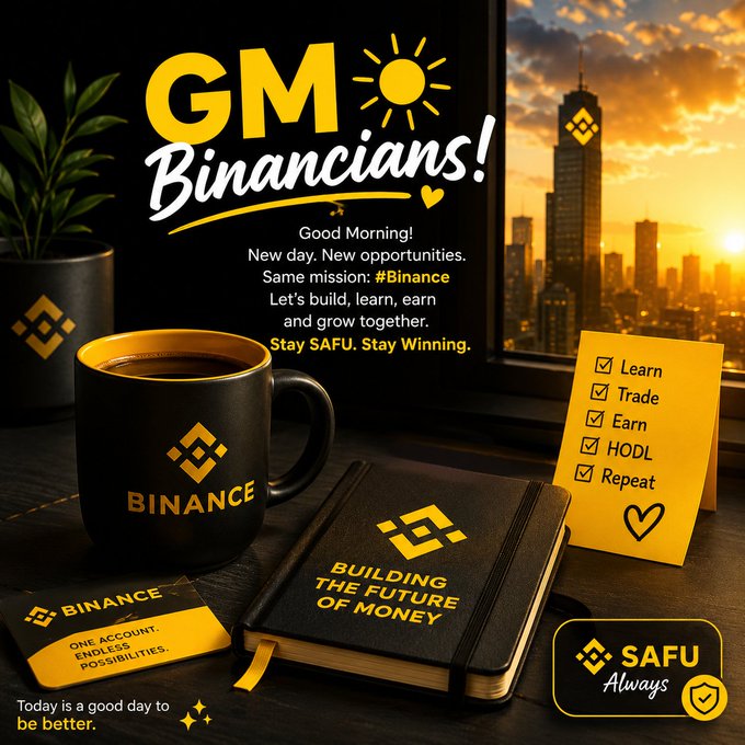 A promotional graphic for Binance reads 'GM Binancians!' with a checklist (Learn, Trade, Earn, HODL, Repeat) alongside coffee mugs and notebooks.