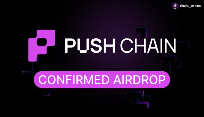 A promotional graphic with a black background features the Push Chain logo in purple alongside the text "PUSH CHAIN" and a purple banner reading "CONFIRMED AIRDROP," announcing the project's confirmed token distribution campaign referenced in the accompanying guide.
