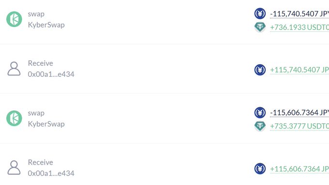 A cryptocurrency transaction log showing KyberSwap swaps involving Japanese Yen (JP) and USDT, with amounts like +115,740.5407 JP and +736.1933 USDT.