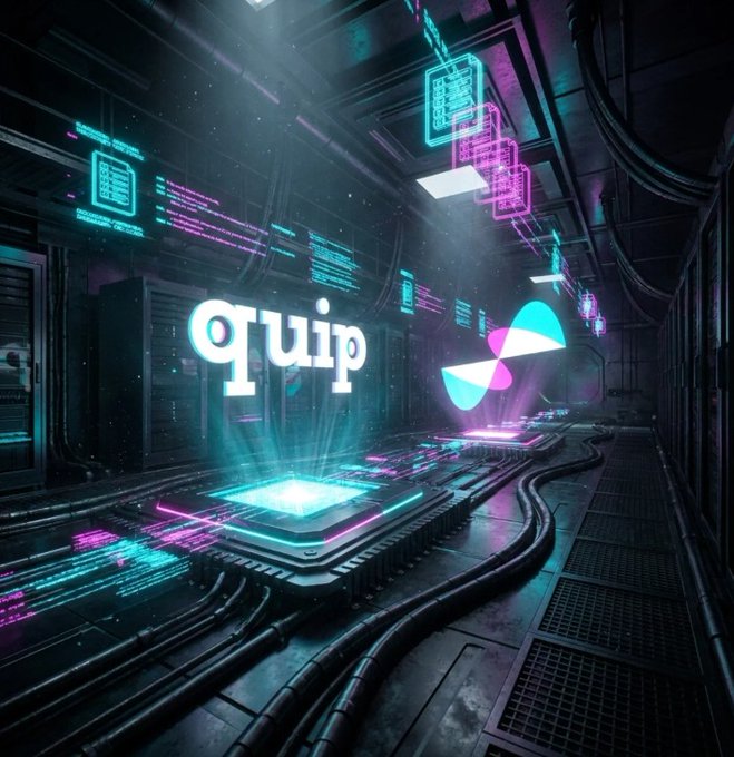 A cyberpunk-themed digital artwork featuring the word "quip" in glowing white text alongside a cyan and magenta logo, displayed in a futuristic server room with neon lighting and cables.