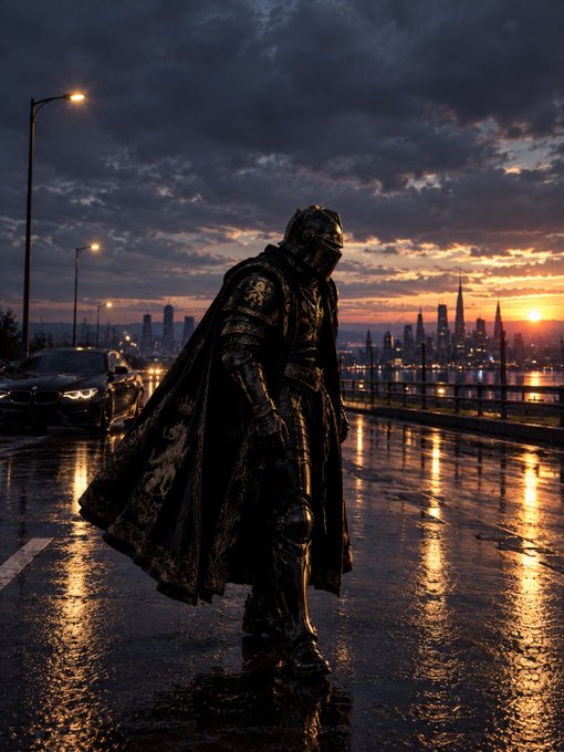 A knight in dark ornate armor stands on a wet street at sunset with a city skyline in the background, creating a dramatic fantasy scene.