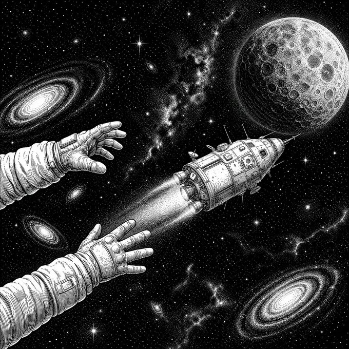 Astronaut gloves reach out into a star-filled cosmos as a rocket propels toward a detailed cratered moon, with swirling galaxies in the background capturing the wonder of space exploration. The image's dynamic launch scene perfectly visualizes the "next stop: the moon" sentiment.