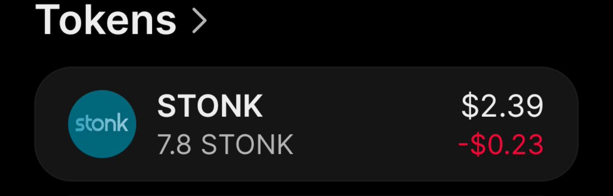 A cryptocurrency price display showing STONK at $2.39, down -$0.23, with a balance of 7.8 STONK.
