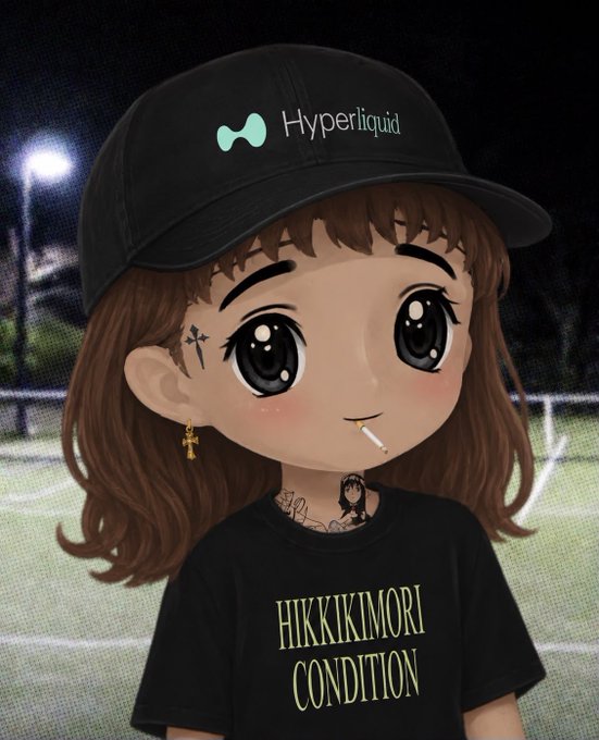 An anime-style chibi character with brown hair wears a black 'Hyperliquid' cap, a black 'HIKKIMORI CONDITION' t-shirt, and has a lollipop in her mouth, set against a nighttime soccer field background.