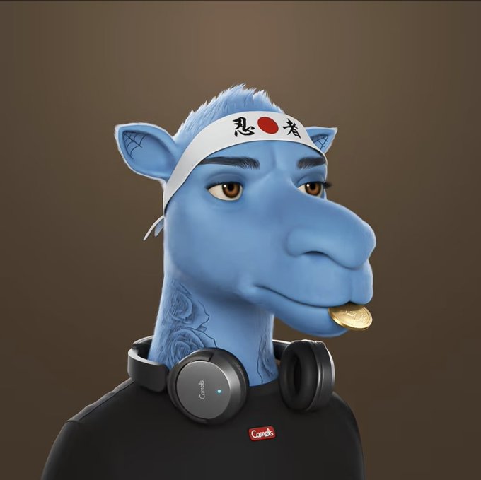 A 3D-rendered blue giraffe character wears a white headband with Asian characters and a red circle, has a gold coin in its mouth, and sports black headphones around its neck along with a black shirt.