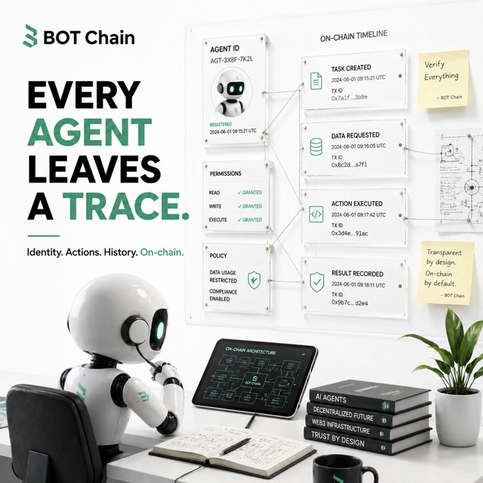 A white robot sits at a desk examining an on-chain audit board displaying agent ID "AGT-3X8F-7K2L" alongside a transparent ledger tracking task creation, data requests, action execution, and result records—all tied to "BOT Chain." The image visually delivers the post's message by showing that every AI agent action is verifiable through timestamped on-chain receipts rather than blind trust.
