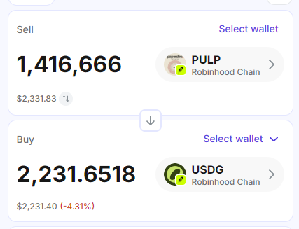 A cryptocurrency exchange interface showing a sell order for 1,416,666 PULP tokens ($2,331.83) and a buy order for 2,231.6518 USDG tokens ($2,231.40, -4.31%) on Robinhood Chain.