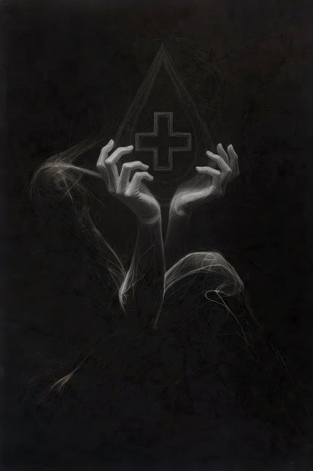 A dark, moody monochrome illustration showing a hooded figure with raised hands holding a medical cross symbol within a teardrop shape.