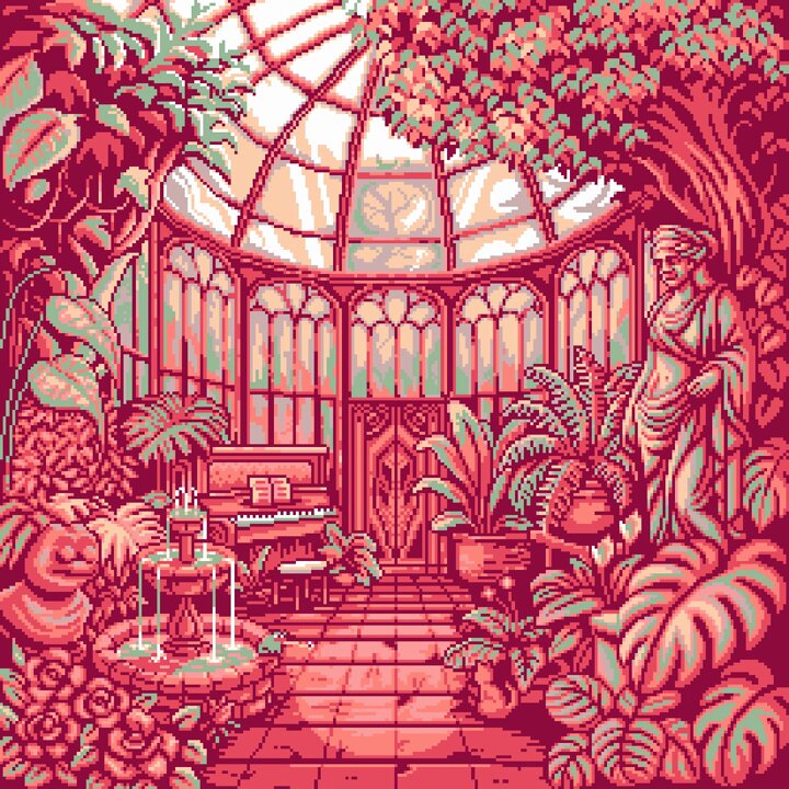 The image features a large, vintage greenhouse with a glass ceiling that allows sunlight to filter through. The greenhouse has a variety of plants inside, including ferns and other greenery. A statue can be seen standing near the center of the greenhouse, adding an artistic touch to the scene. The post about the greenhouse is titled "Day #1044: Vintage Greenhouse Mint today'', which suggests that this image was taken on the fourth day of the week in a month with four days.