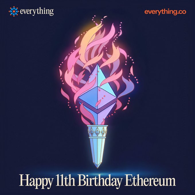 The image features a stylized illustration of the Ethereum logo as a torch with pink and orange flames against a dark background, celebrating "Happy 11th Birthday Ethereum" as displayed in the text at the bottom, marking the 11th anniversary of the Ethereum Frontier network's launch.