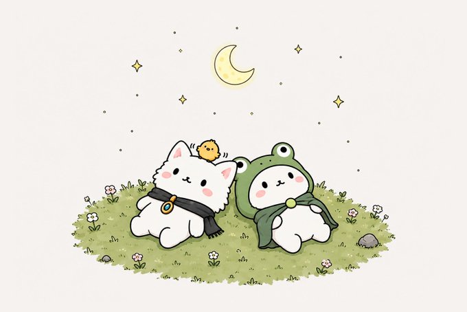 A cute illustration of two cat-like characters wearing scarves and a frog hood, sitting on a grassy hill at night with a chick on one's head, under a crescent moon and stars.