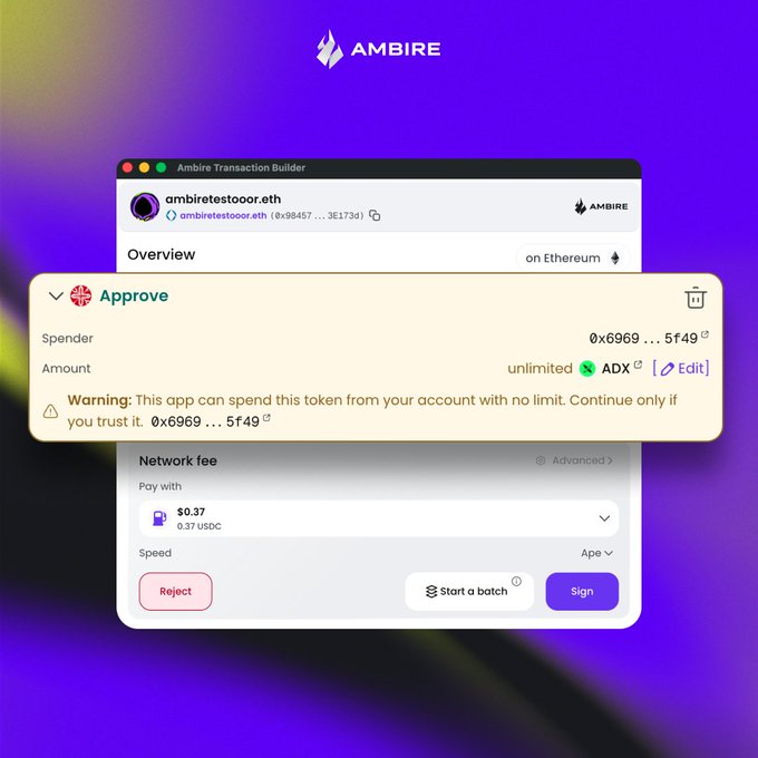 The Ambire Transaction Builder interface shows an "Approve" prompt for an unlimited ADX token allowance to the address 0x6969...5f49, accompanied by a warning that "This app can spend this token from your account with no limit." The image illustrates the new security feature announced in the post, demonstrating how Ambire now alerts users before granting unlimited token approvals to potentially unverified contracts.