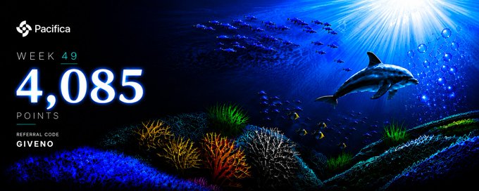 The image is a Pacifica Week 49 leaderboard graphic showing a score of **4,085 points** under the referral code "GIVENO," set against a vibrant underwater scene with a dolphin swimming above a coral reef. The caption notes this is a relatively quiet trading week, with the trader earning the points primarily through BTC/ETH volume and open interest on the Pacifica platform.