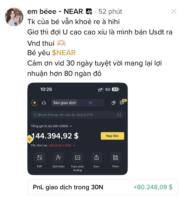 A Vietnamese social media post celebrating a profit of over 80 million VND, featuring a screenshot of a crypto wallet app with a balance of $144,394.92 and a 30-day P&L of +$80,248.09.