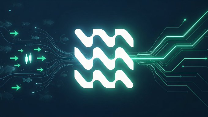 A glowing green wave-shaped logo on a dark background with circuit board lines, arrows, and candlestick patterns symbolizing technology and trading.