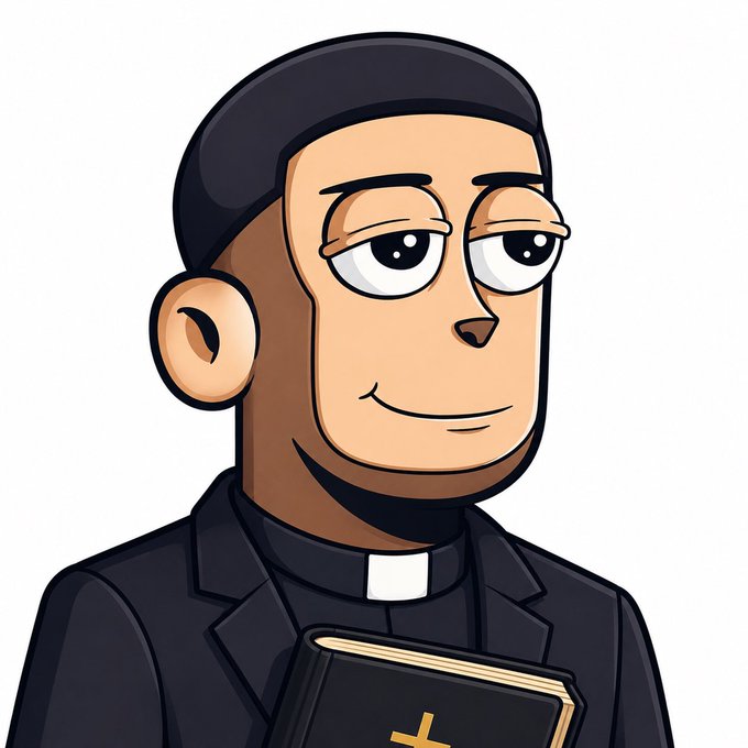 A cartoon illustration of a priest wearing a black clerical shirt with collar and holding a Bible, featuring a knowing expression.