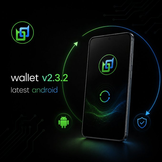 Promotional graphic for 'wallet v2.3.2 latest android' featuring a smartphone displaying a green and blue app icon, alongside an Android logo and a shield icon, with arrows indicating a cycle.