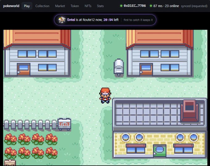 A screenshot of a Pokémon-style browser game called 'pokeworld' showing a trainer character in a town with houses, flowers, and a fountain, with a notification reading 'Entei is at Route12 now, 20:54 left'.