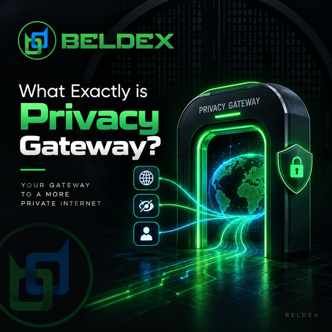 A promotional graphic for Beldex asks 'What Exactly is Privacy Gateway?' featuring a futuristic green-lit gateway with a globe and the tagline 'YOUR GATEWAY TO A MORE PRIVATE INTERNET.'