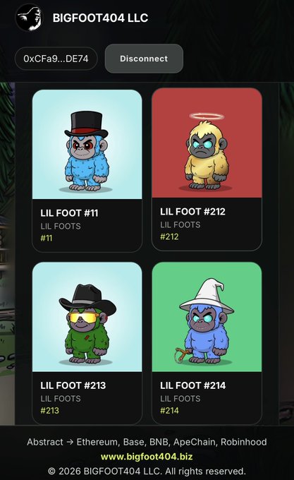 A screenshot from BIGFOOT404 LLC showing four NFT digital collectibles from the 'LIL FOOTS' collection (#11, #212, #213, #214), featuring cartoon gorilla characters with different accessories, available across Ethereum, Base, BNB, ApeChain, and Robinhood.