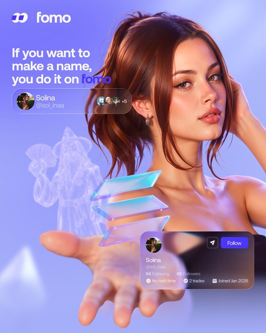 The image features a woman with red hair who appears to be a social media influencer or content creator. She has her hand outstretched, holding up a piece of paper that displays information about her partnership with FOMO. The text on the paper reads "If you want to make a name, you do it on FOMO". This suggests that she is promoting and sharing her experiences related to the concept of FOMO (fear of missing out) in order to engage with her followers or audience.
